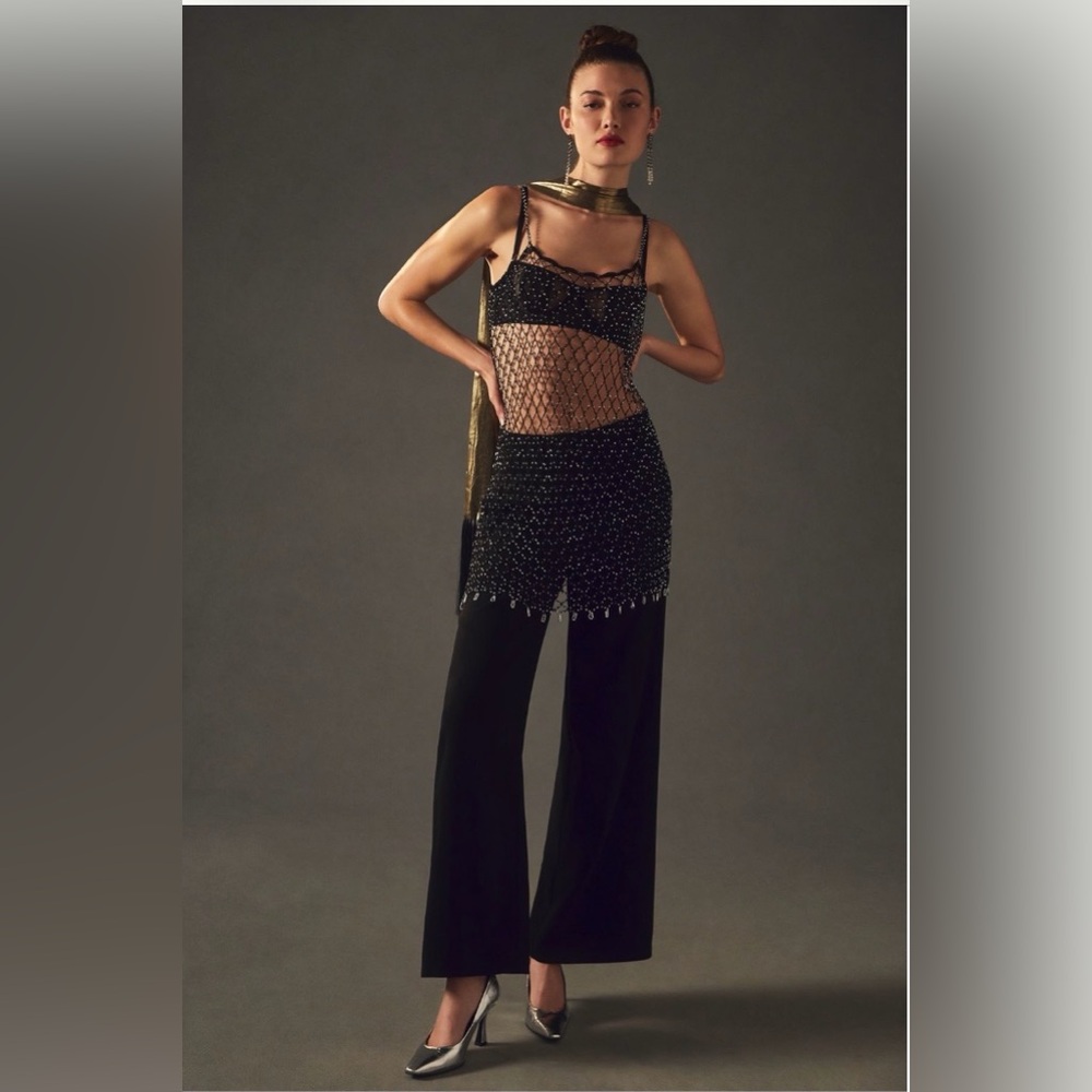 ✨Anthropologie (NWT) Rhinestone Cami Maeve Black Net Overlay✨